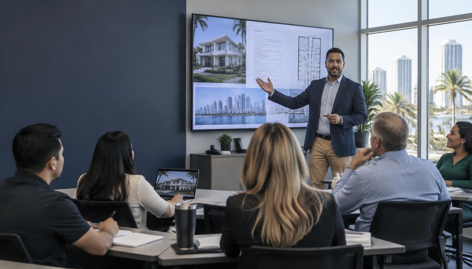 A real estate professor teaching adult students in a bright classroom